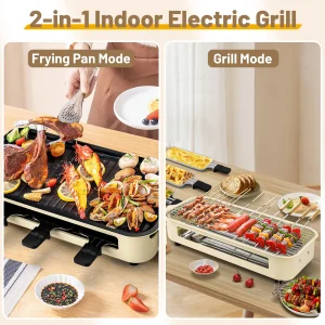 Smokeless electric grill includes a grill rack